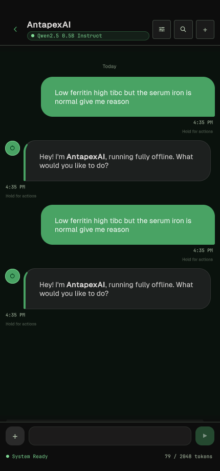 AntapexAI chat running offline on a phone