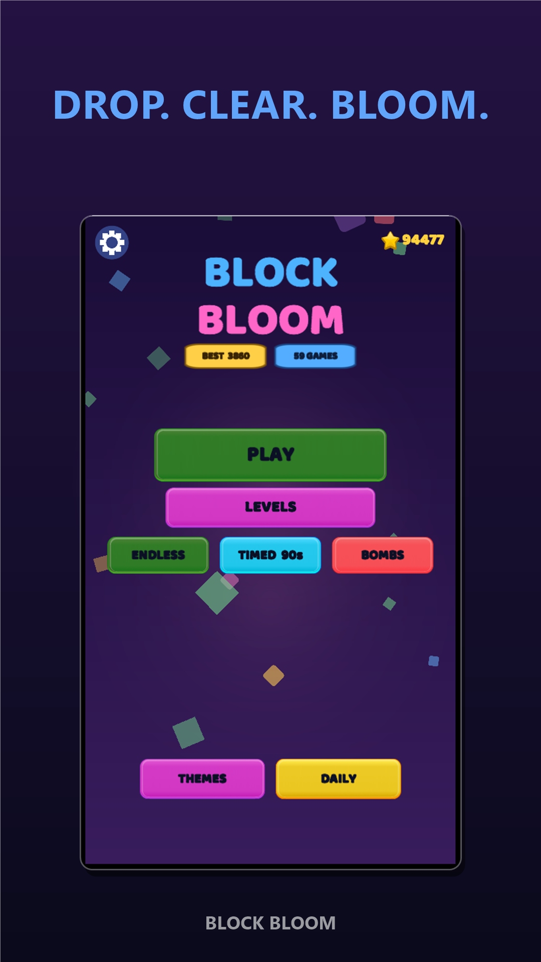 Block Bloom main menu — Endless, Timed and Bombs modes