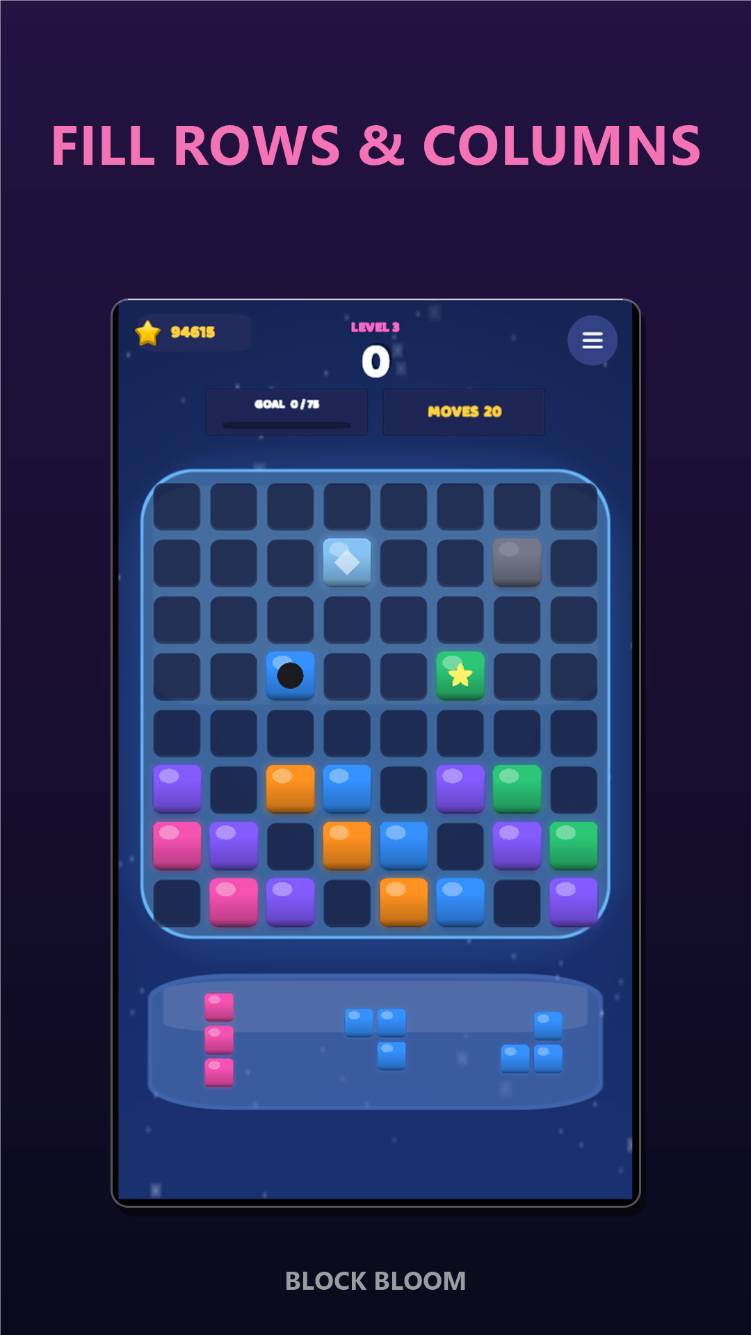 Block Bloom gameplay — clearing lines on the 8x8 board